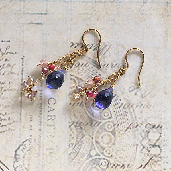 Tanzanite Quartz with Pink Gemstones Asymmetric Earrings  - 14KGF