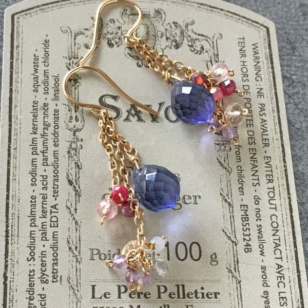 Tanzanite Quartz with Pink Gemstones Asymmetric Earrings  - 14KGF