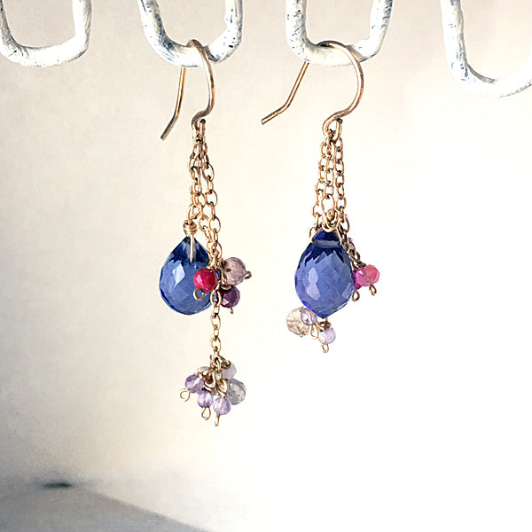 Tanzanite Quartz with Pink Gemstones Asymmetric Earrings  - 14KGF