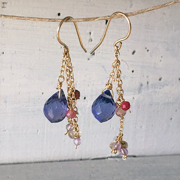 Tanzanite Quartz with Pink Gemstones Asymmetric Earrings  - 14KGF