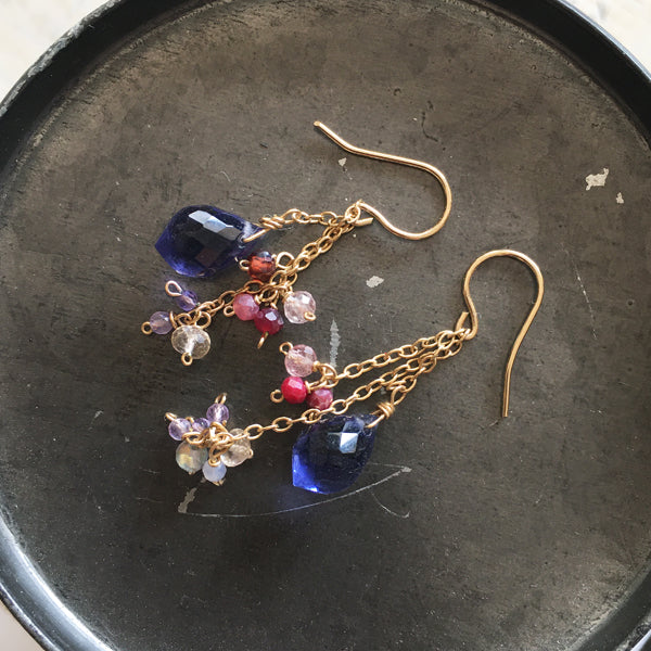 Tanzanite Quartz with Pink Gemstones Asymmetric Earrings  - 14KGF