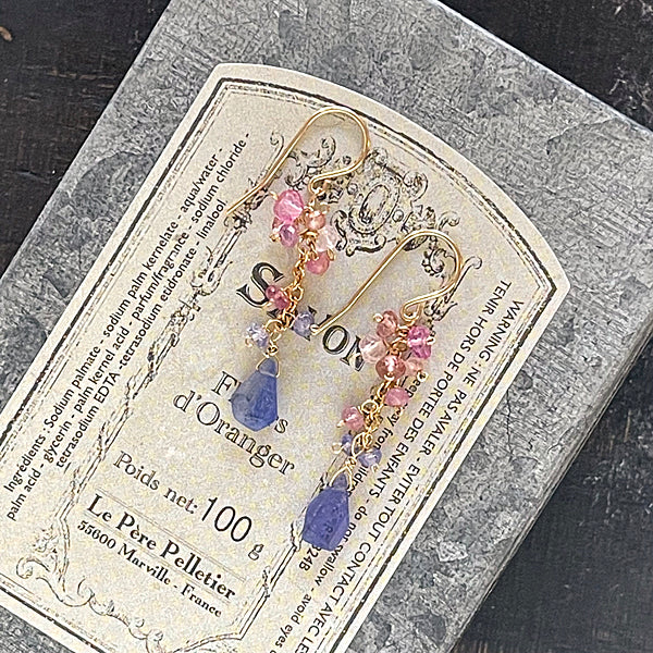 Tanzanite Slice with Pink Gemstones Dangle Earrings   - 14KGF