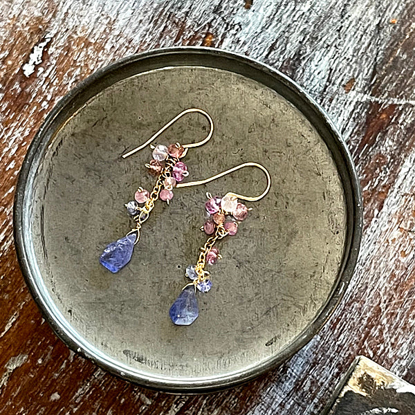 Tanzanite Slice with Pink Gemstones Dangle Earrings   - 14KGF