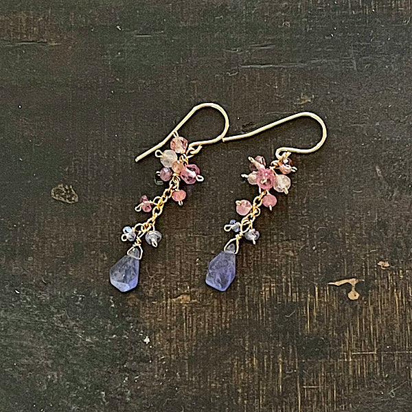 Tanzanite Slice with Pink Gemstones Dangle Earrings   - 14KGF