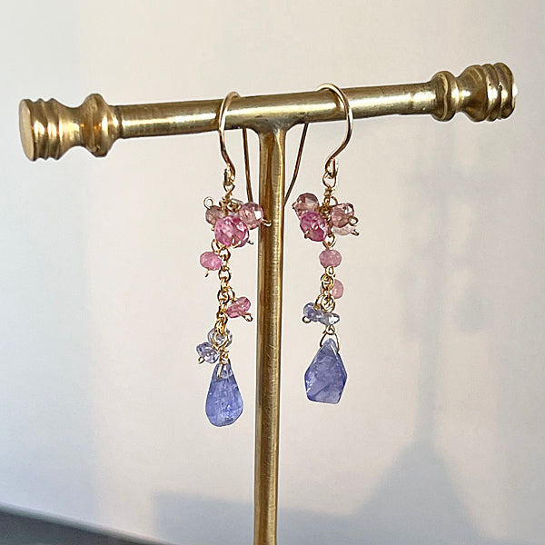 Tanzanite Slice with Pink Gemstones Dangle Earrings   - 14KGF