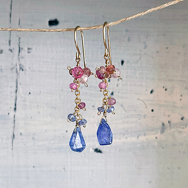 Tanzanite Slice with Pink Gemstones Dangle Earrings   - 14KGF