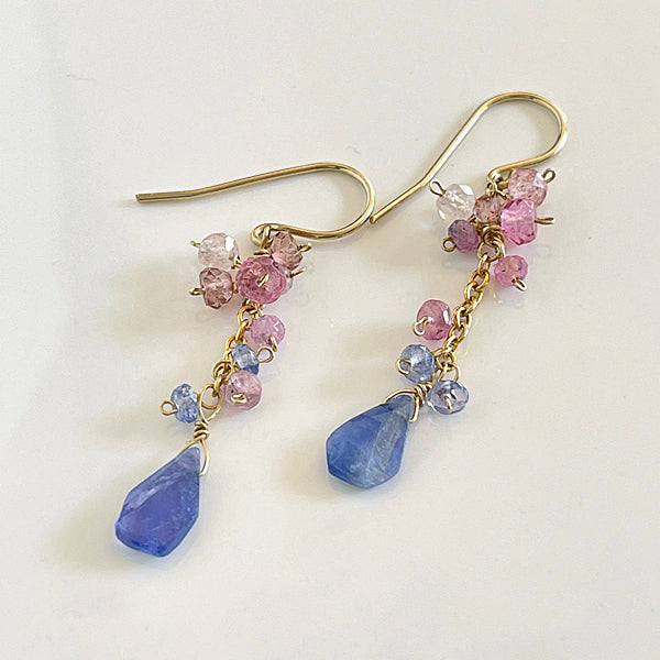 Tanzanite Slice with Pink Gemstones Dangle Earrings   - 14KGF