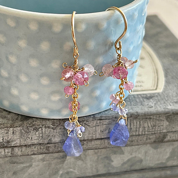 Tanzanite Slice with Pink Gemstones Dangle Earrings   - 14KGF