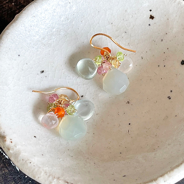 Pastel Green and Orange/Pink Gemstones Earrings - 14KGF