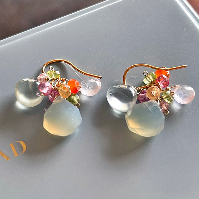 Pastel Green and Orange/Pink Gemstones Earrings - 14KGF