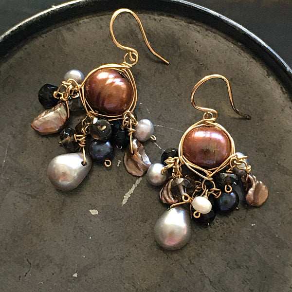 Wire Wrapped Brown and Silver Pearl Chandelier Earrings -  14KGF