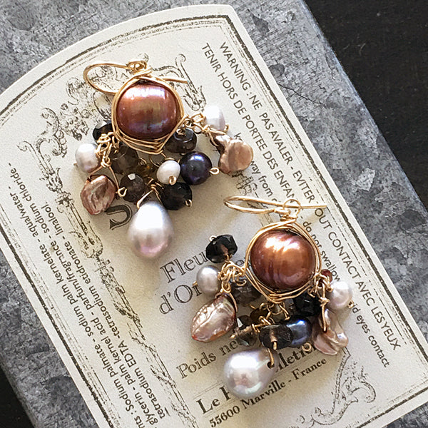 Wire Wrapped Brown and Silver Pearl Chandelier Earrings -  14KGF