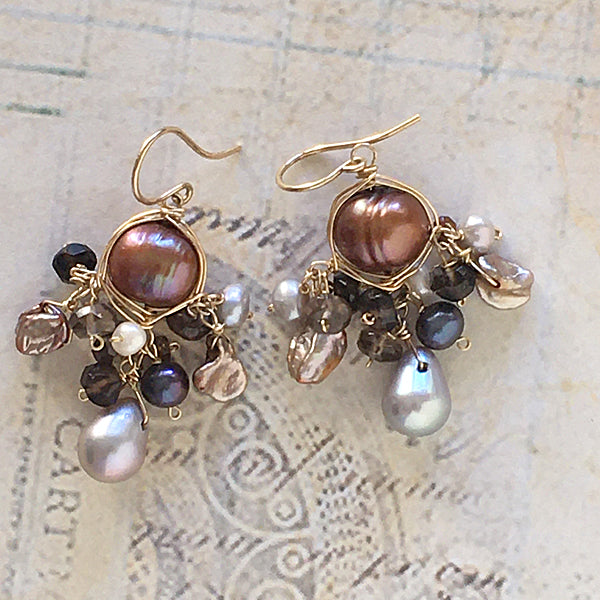 Wire Wrapped Brown and Silver Pearl Chandelier Earrings -  14KGF