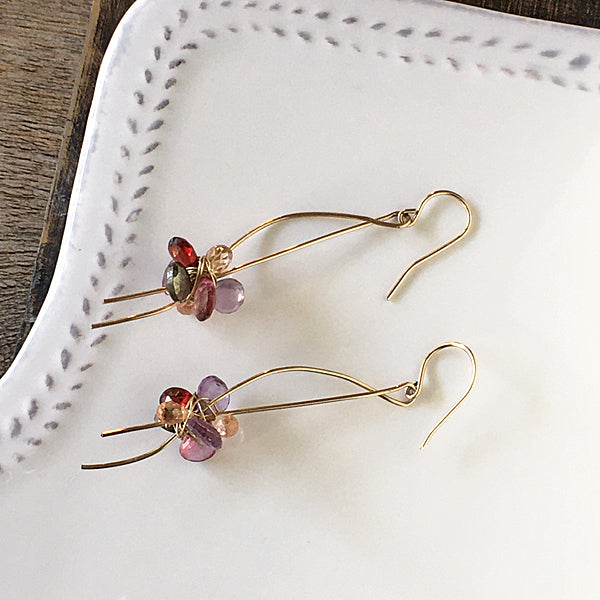 Wave Wire with Red and Pink Gemstone Earrings - 14KGF