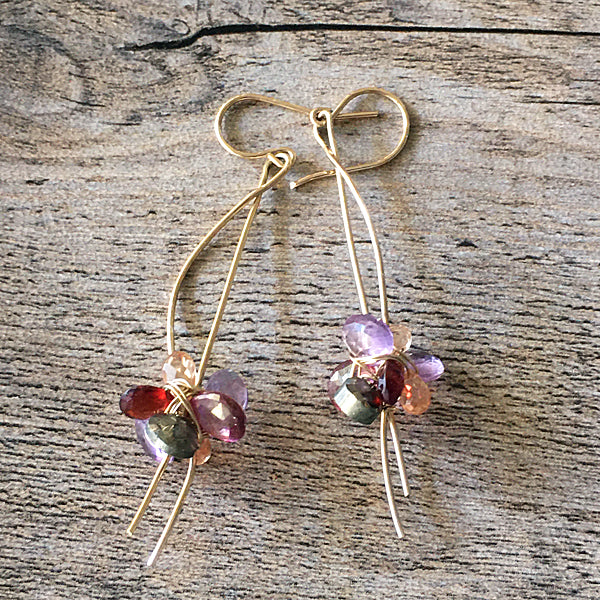 Wave Wire with Red and Pink Gemstone Earrings - 14KGF