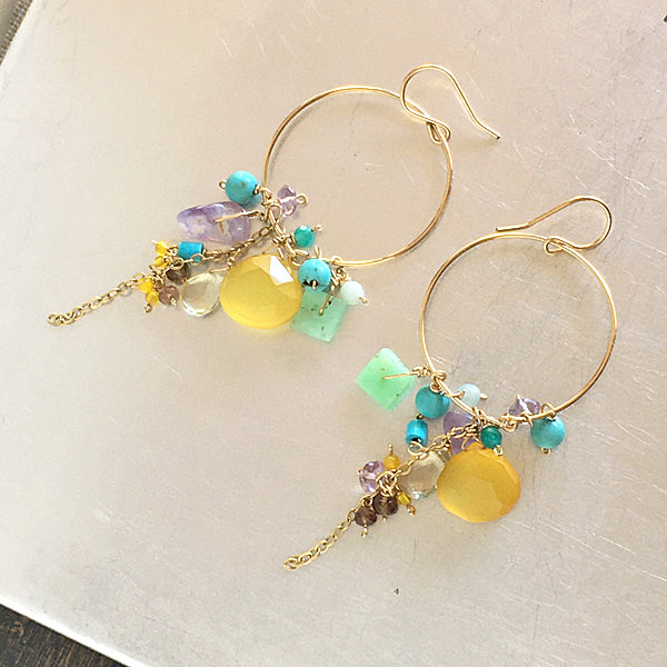 Yellow chalcedony and turquoise Hoop Earrings  - 14KGF