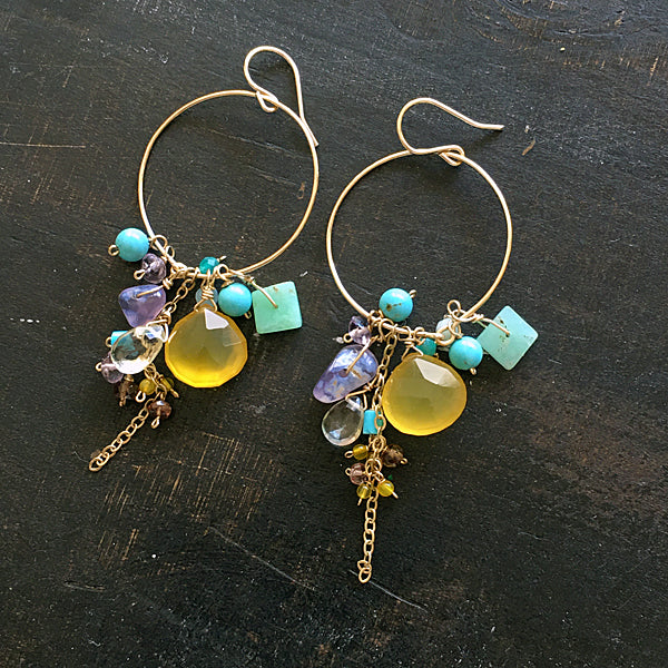 Yellow chalcedony and turquoise Hoop Earrings  - 14KGF