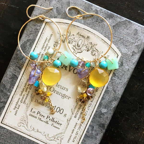 Yellow chalcedony and turquoise Hoop Earrings  - 14KGF