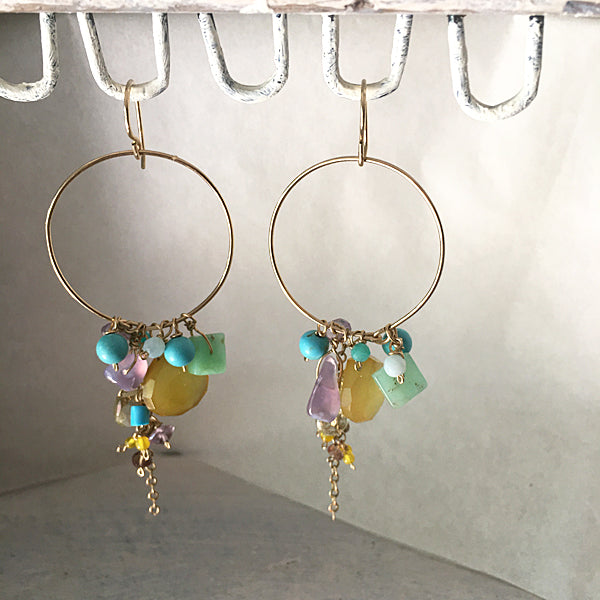 Yellow chalcedony and turquoise Hoop Earrings  - 14KGF